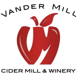 Logo for Vander Mill Cider Mill & Winery featuring a stylized red apple and the text 'Vander Mill' above and 'Cider Mill & Winery' below.